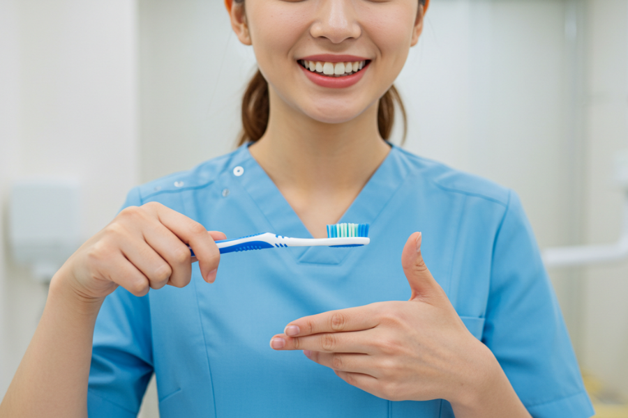 A dentist teaching healthy brushing habits
