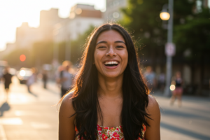 Someone smiling from ear to ear to show the happiness a smile makeover from Viva Dental can create.