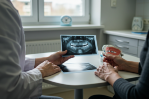 A discussion between a dentist and a patient over whether dental implants are right for them at Viva Dental