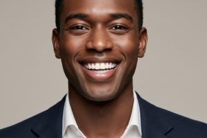 A young man with bright white teeth after using teeth whitening products