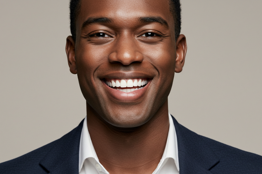 A young man with bright white teeth after using teeth whitening products