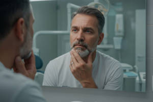A person looking in the mirror, touching their jaw. The background is a dental clinic setting, suggesting uncertainty about dental implants.