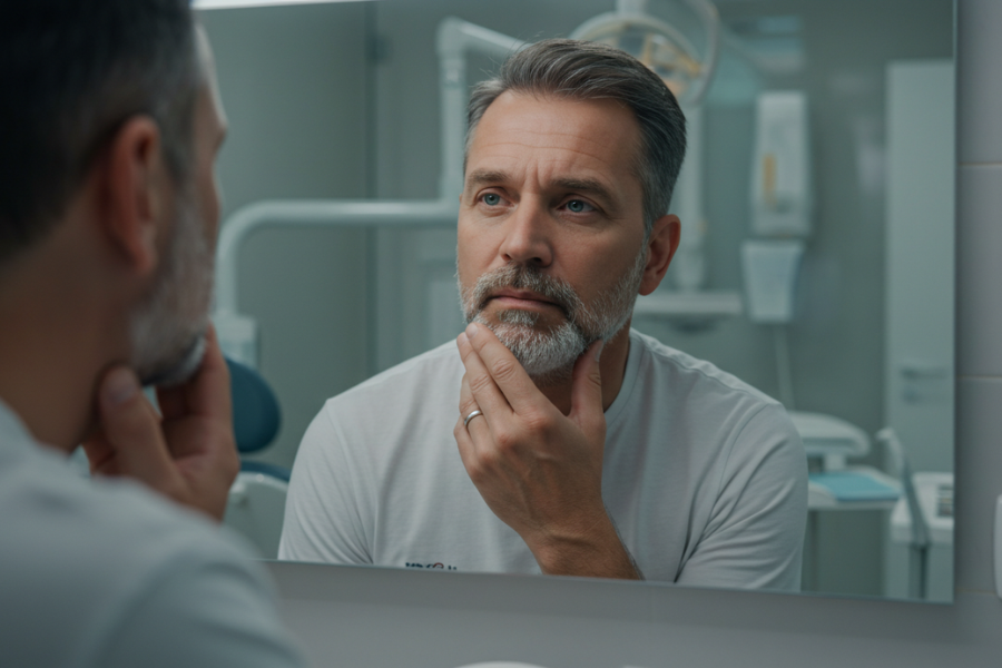 A person looking in the mirror, touching their jaw. The background is a dental clinic setting, suggesting uncertainty about dental implants.