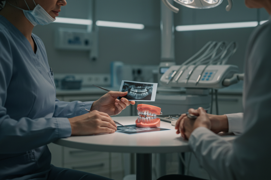 An expert from Viva Dental, Lancaster discussing the process of dental implants with a client