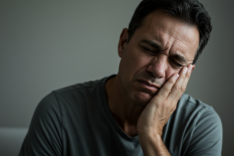 Someone who is in discomfort with a mssing tooth considering expert implant help from Viva Dental, Lancaster