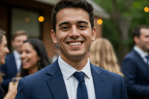 Young man at a social occasion with bright white teeth from Viva Dental in Lancaster