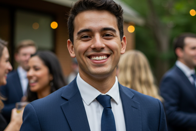 Young man at a social occasion with bright white teeth from Viva Dental in Lancaster