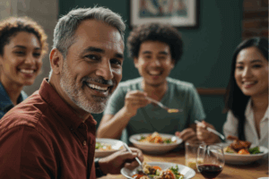 man with dental implants out having a meal with family