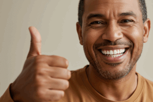 man who has received dental implants smiling and holding his thumb up