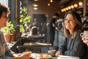 woman out smiling with a coffee after having pain free dental implants