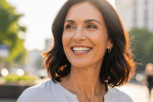 woman smiling out in public with confidence in her dental implants